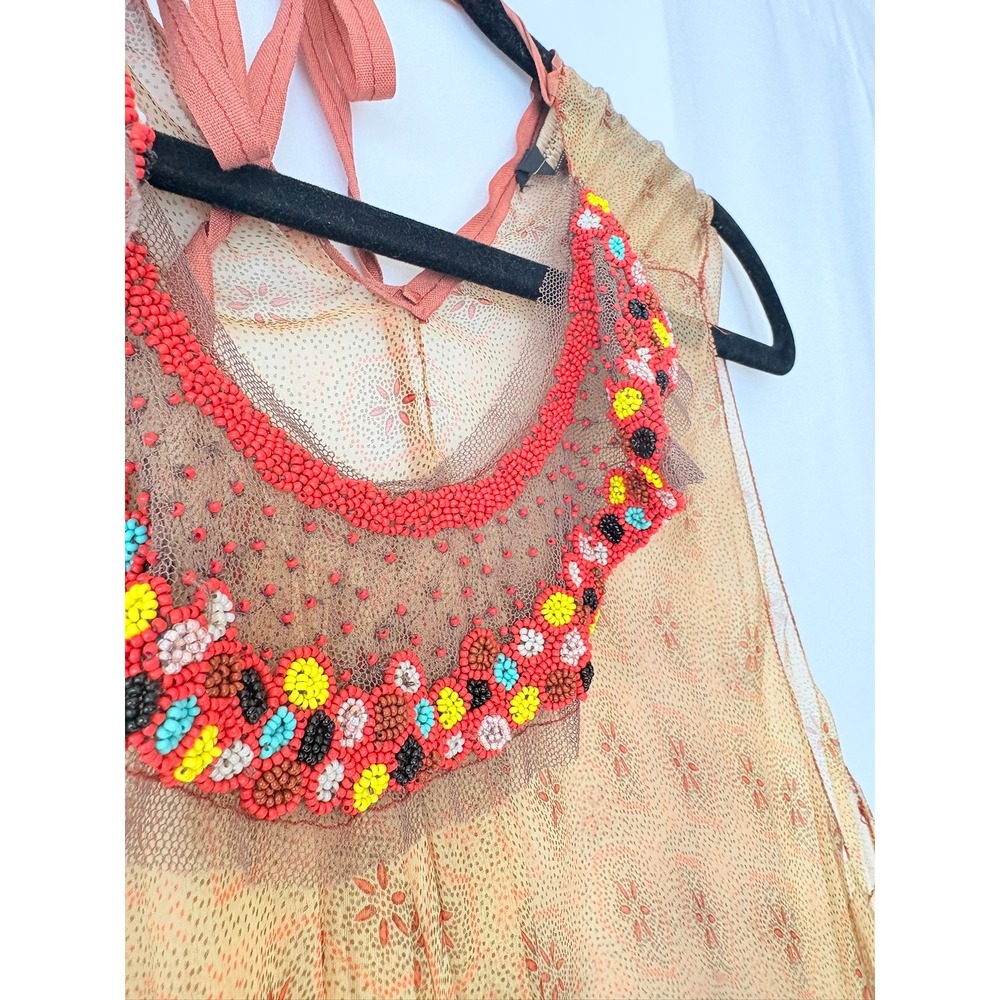 Rozae Nichols Women Orange Silk Beaded Halter Top Sheer Floral Asymmetric L - Picture 5 of 5